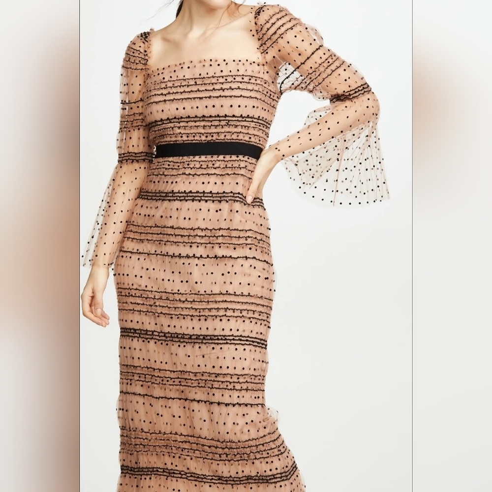 Self Portrait Shirred Polka Dot Elegant Midi Dress Beige Wedding Guest Sz 4 - Picture 3 of 16